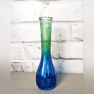 Vintage Blue Green Ombré Glass Vase 8.5” Ribbed Retro MCM Style